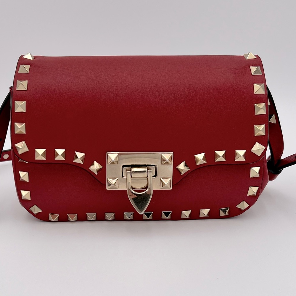 VALENTINO Garavani Red Vitello Leather Gold Stud Crossbody.